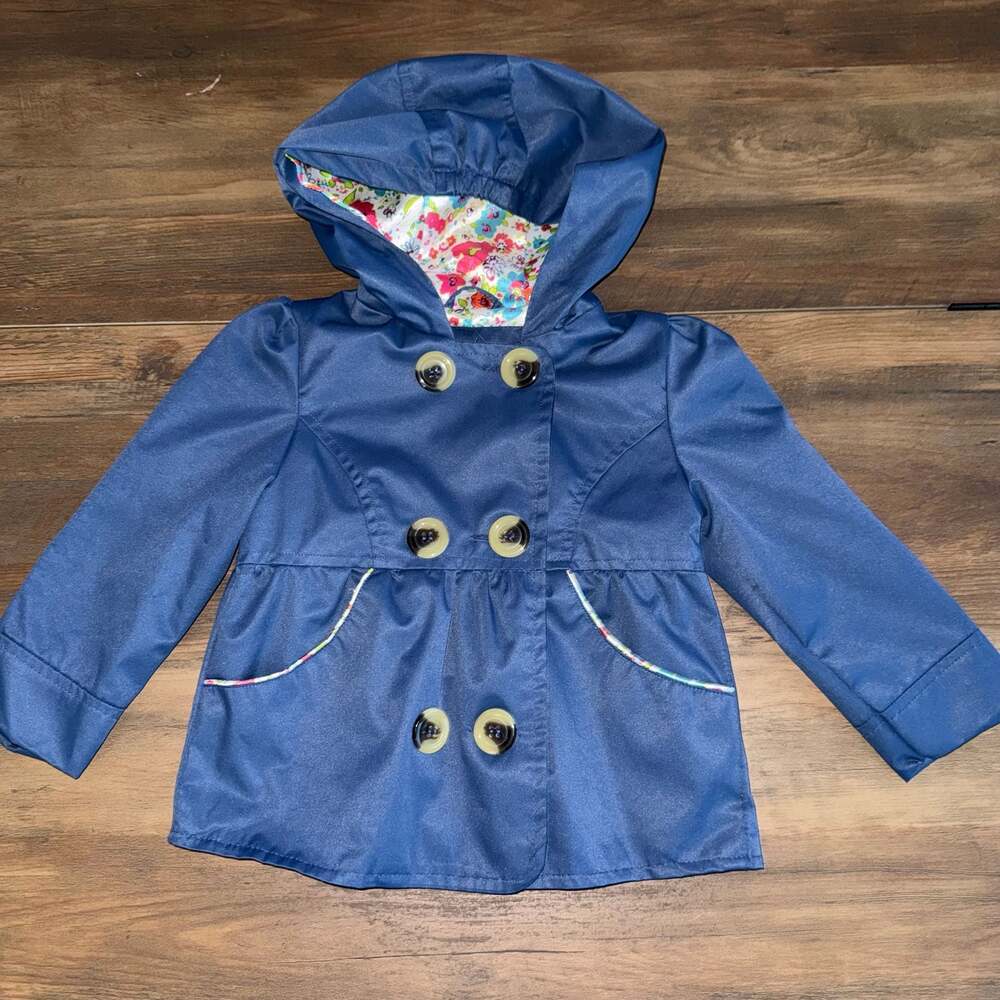Pink Platinum Girls Navy Blue Hooded Floral Lined Trench Raincoat Jacket Size 24
